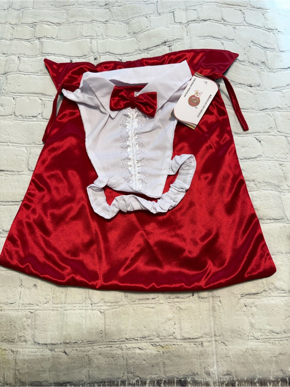 Pet Warrior Red Satin Cape and White Shirtfront Pet Vampire Costume with Bow. Ha